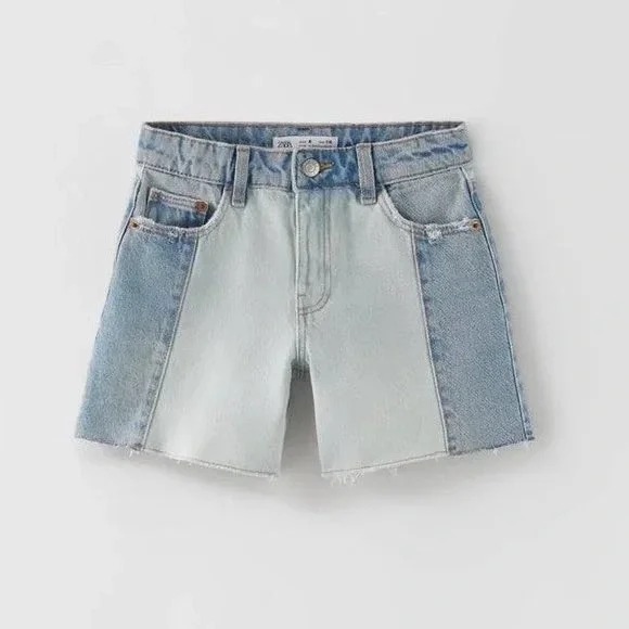 Zara Kids Blue Two-Tone Denim Jean Shorts Frayed Hem Girl's Fashion Size 13-14 - Picture 2 of 5